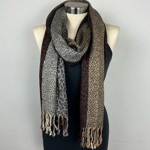 Color Block Striped Animal Print Scarf Shawl with Fringe